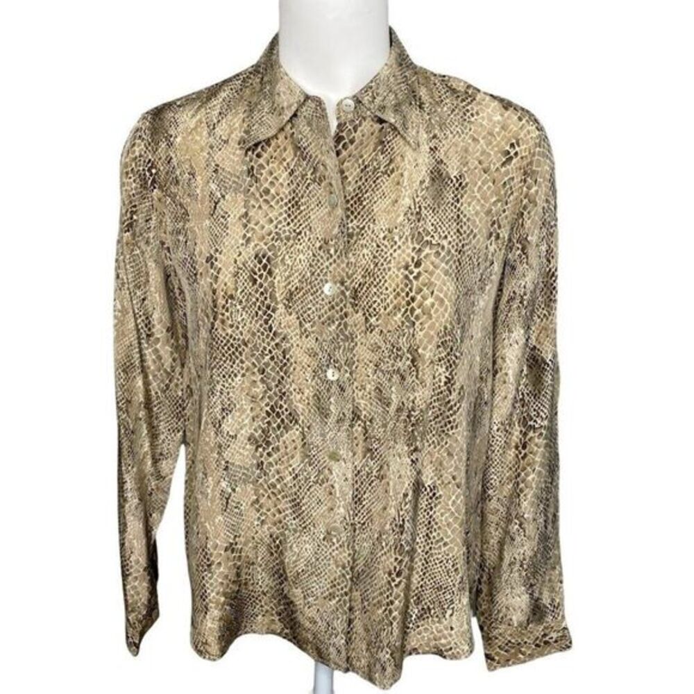 Liz Claiborne Petite Silk Button Front Blouse Top Women's 6‎ MEDIUM Beige Brown